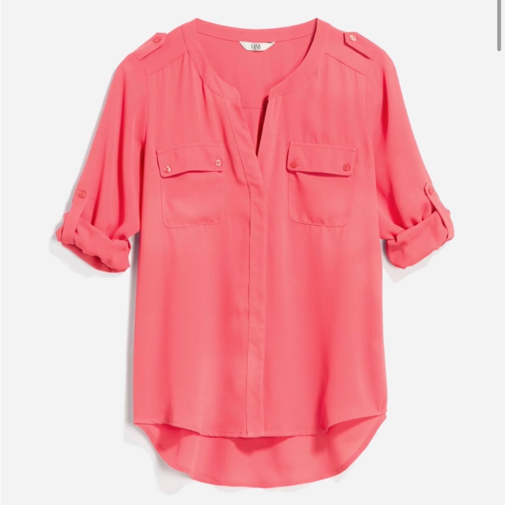Coral Blouse with 3/4 Length Roll Up Sleeves
